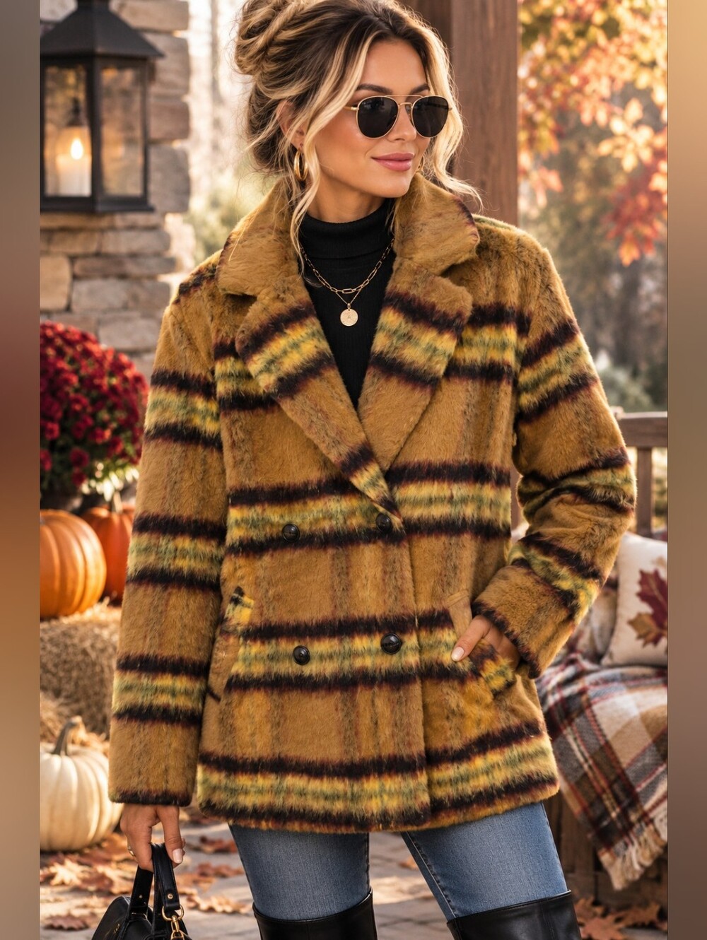 Vigoss Cozy Plaid Teddy Pea Coat Jacket Yellow Brown Tan Women's Sz Large NWT